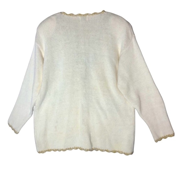 Vintage 90's Jacqueline Ferrar Sweater Cardigan Sz M Cream Gold Ornament Ramie - Picture 5 of 8